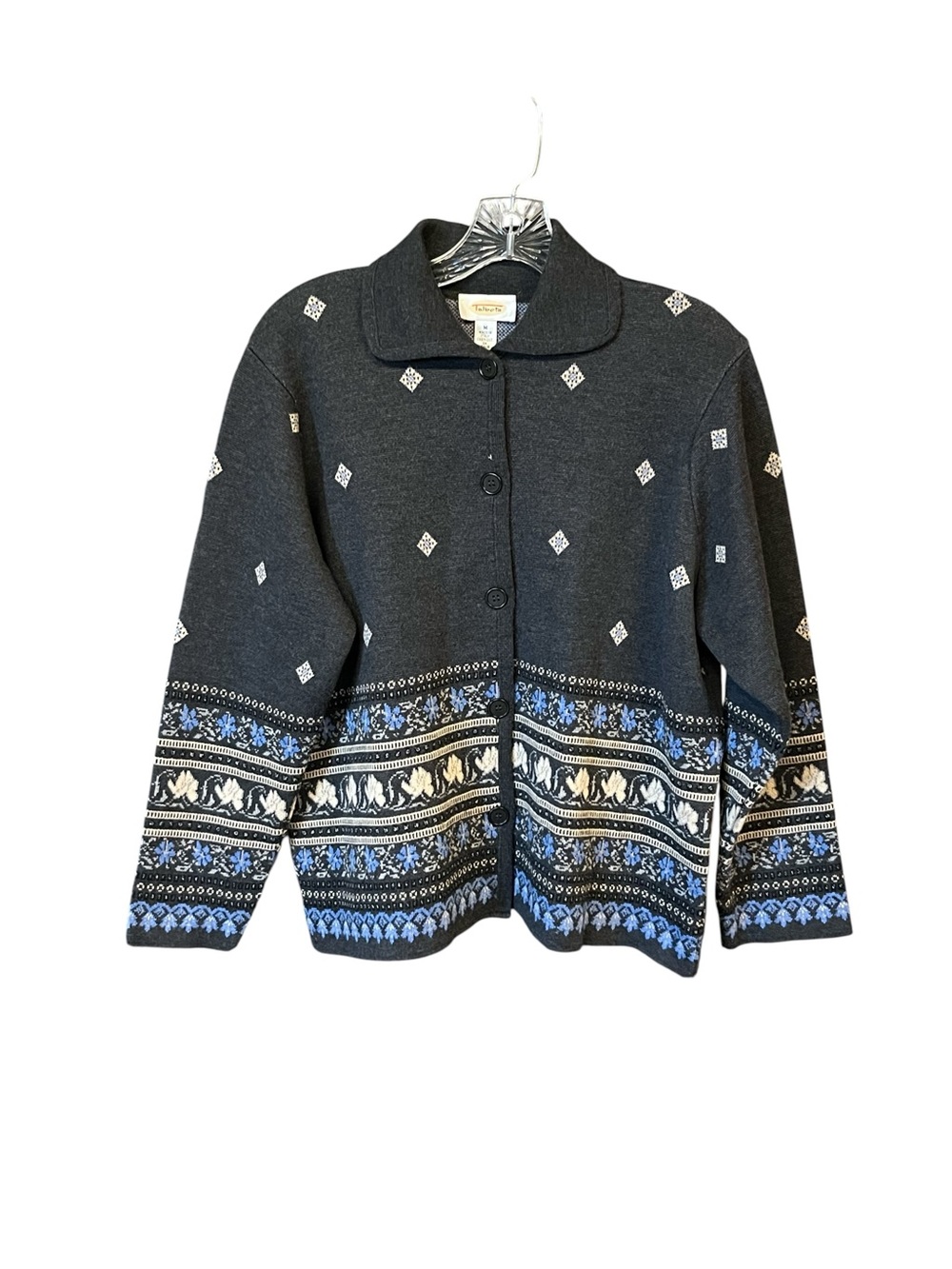 Talbots Cardigan Sweater Women M Gray Blue Merino Wool Nordic Fair Isle